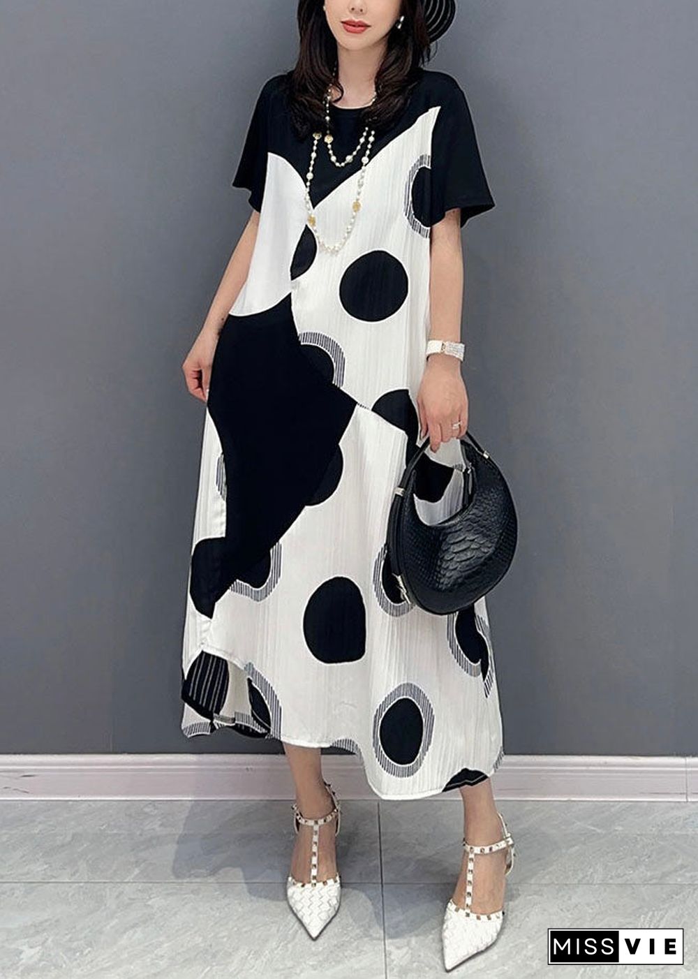 Art White O Neck Dot Print Patchwork Cotton Dresses Summer