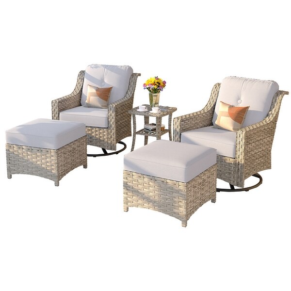 OVIOS 5 Pieces Outdoor Wicker Curved Swivel Chair Set With Ottoman