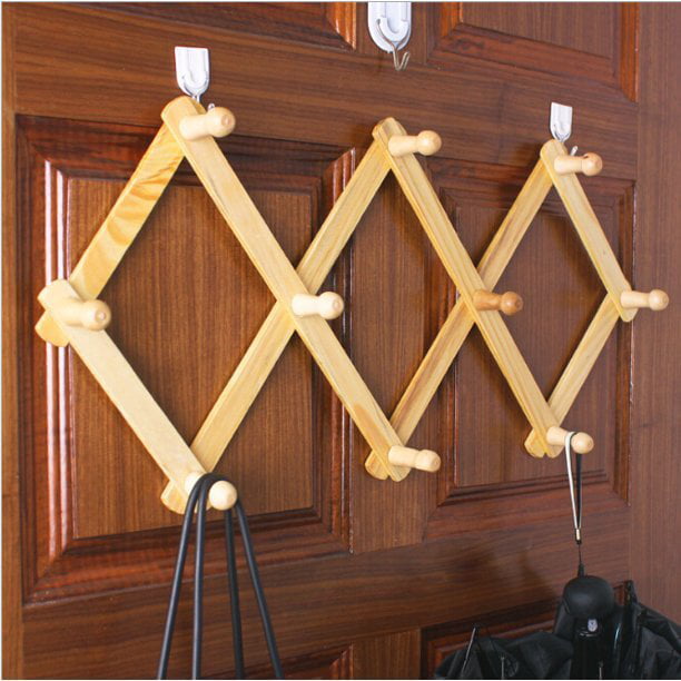 Accordion Style Expandable Wall Wooden Coat Rack 10 Hooks (Pegs) Hang Hats Jackets Coffee Mug Purses Necklaces Towels Cap Leash Scarves Data Line Kitchenware