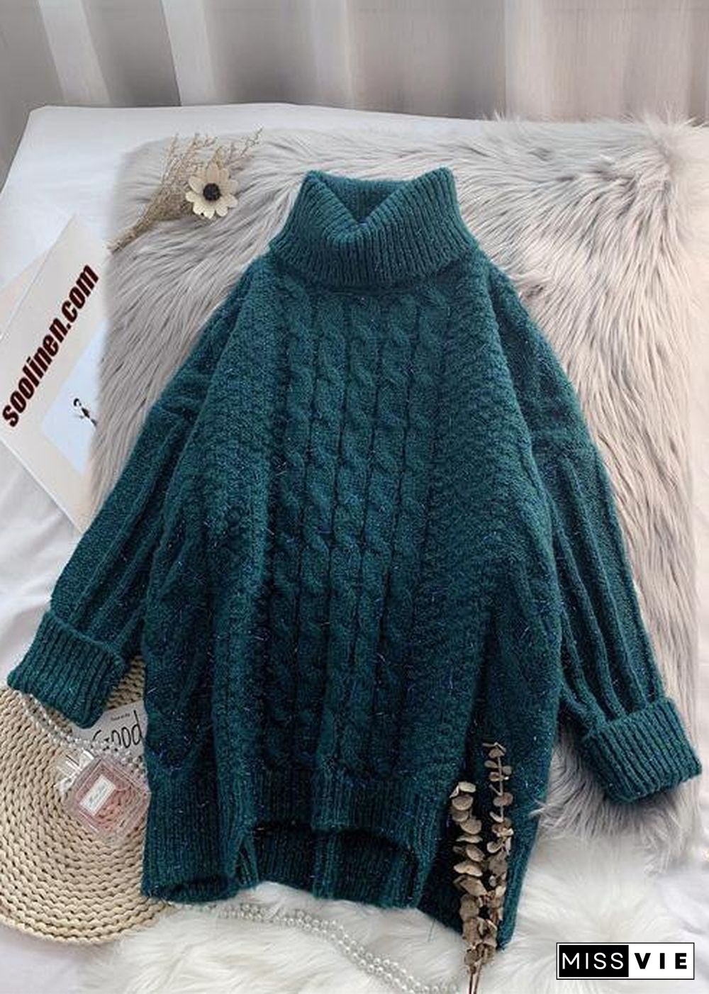 Oversized high neck  green knit tops plus size asymmetric hem crane tops