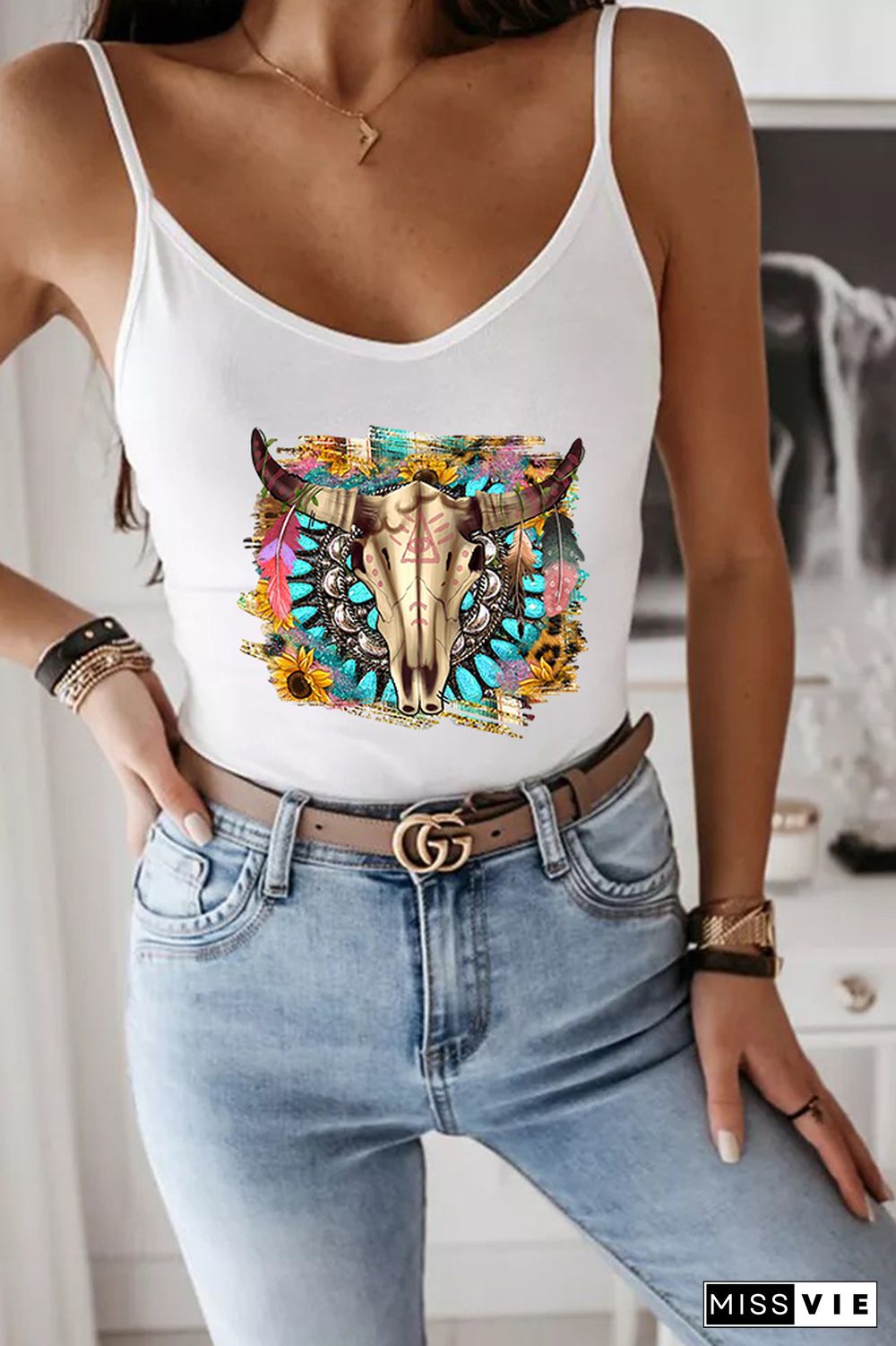 Western Boho Skull Printed Slip Tank Top Wholesale