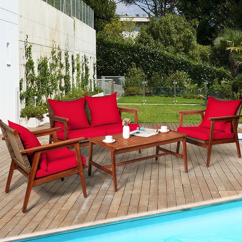 4 Piece  Acacia Wood Patio Rattan Furniture Set