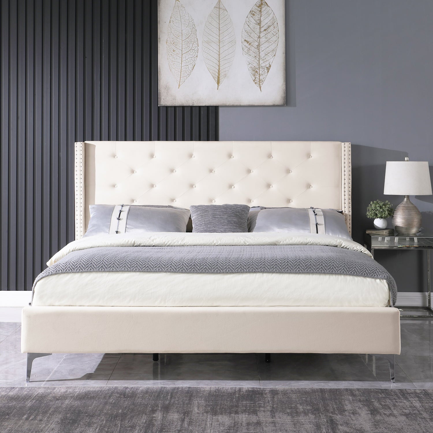 Morden Fort Wood Platform Bed Frame with Upholstered Headboard Queen Cream