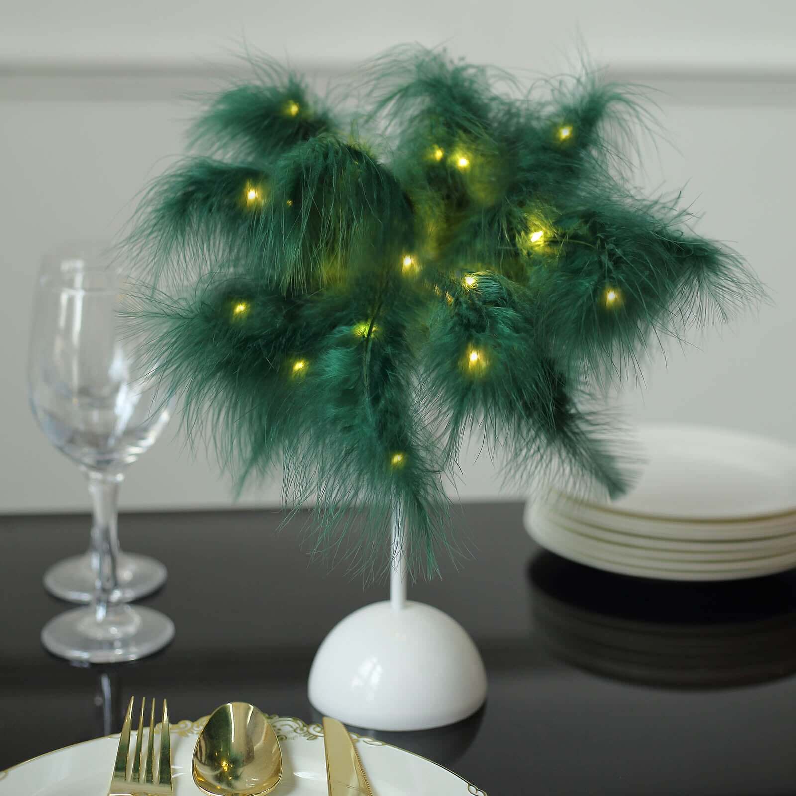 LED Hunter Emerald Green Feather Table Lamp Desk Light, Battery Operated Cordless Wedding Centerpiece 15