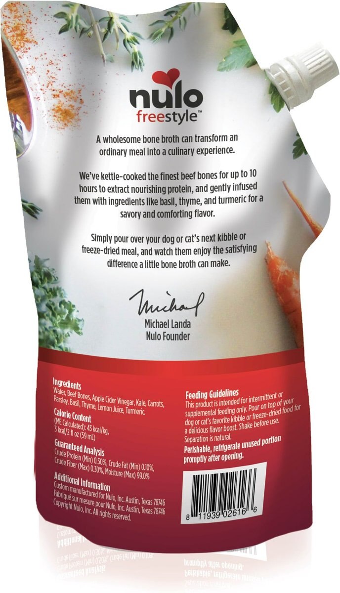 Nulo FreeStyle Grain-Free Bone Broth Variety Pack Dog and Cat Topper， 20-oz pouch， case of 3