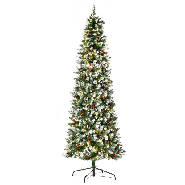 PreLit SnowDusted Artificial Christmas Tree with Realistic Branches，LED Lights，Pine Cones，Red Berries