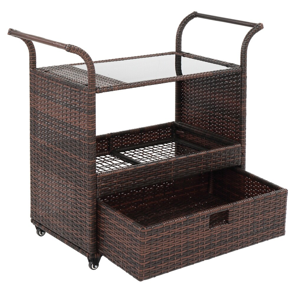 Outdoor Patio Wicker Rattan Serving Bar Cart Sideboard On Wheels Brown