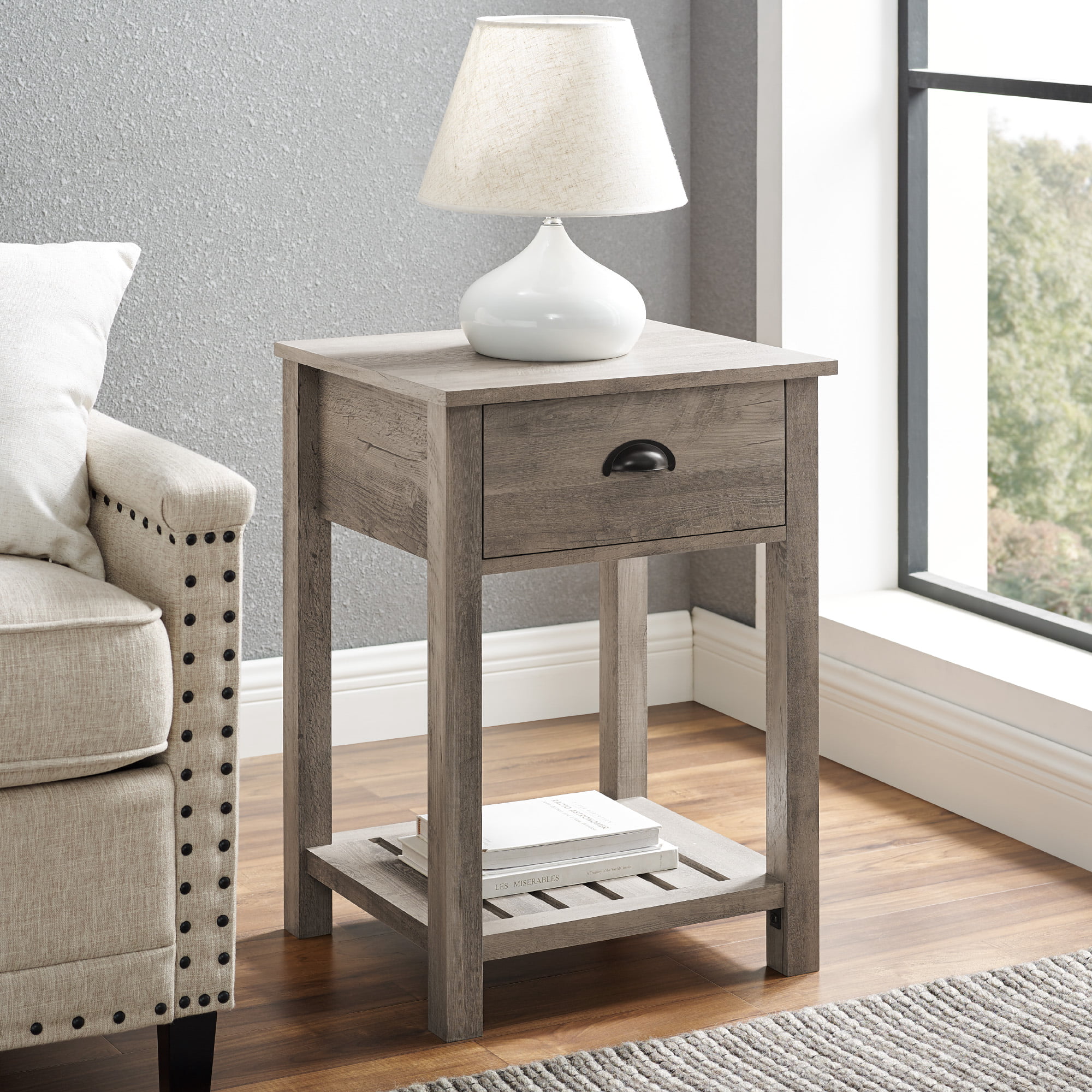 Woven Paths Farmhouse Single Drawer Open Shelf End Table， Gray Wash