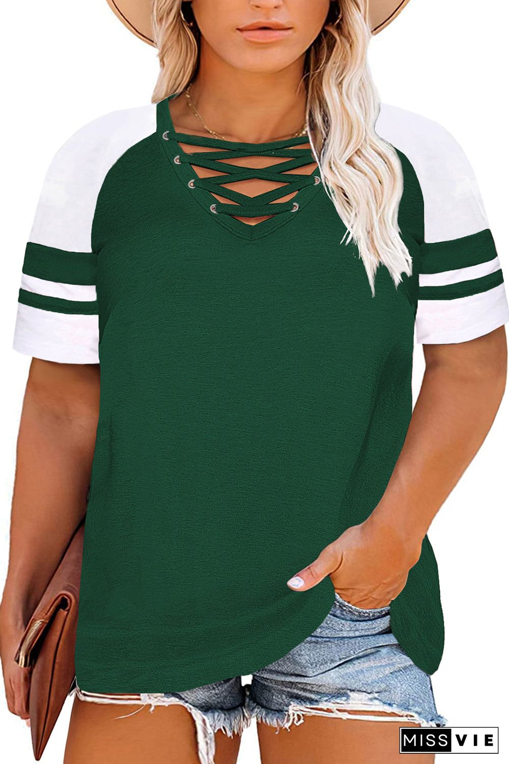 Green Crisscross V Neck Raglan Sleeve Plus Size Tee