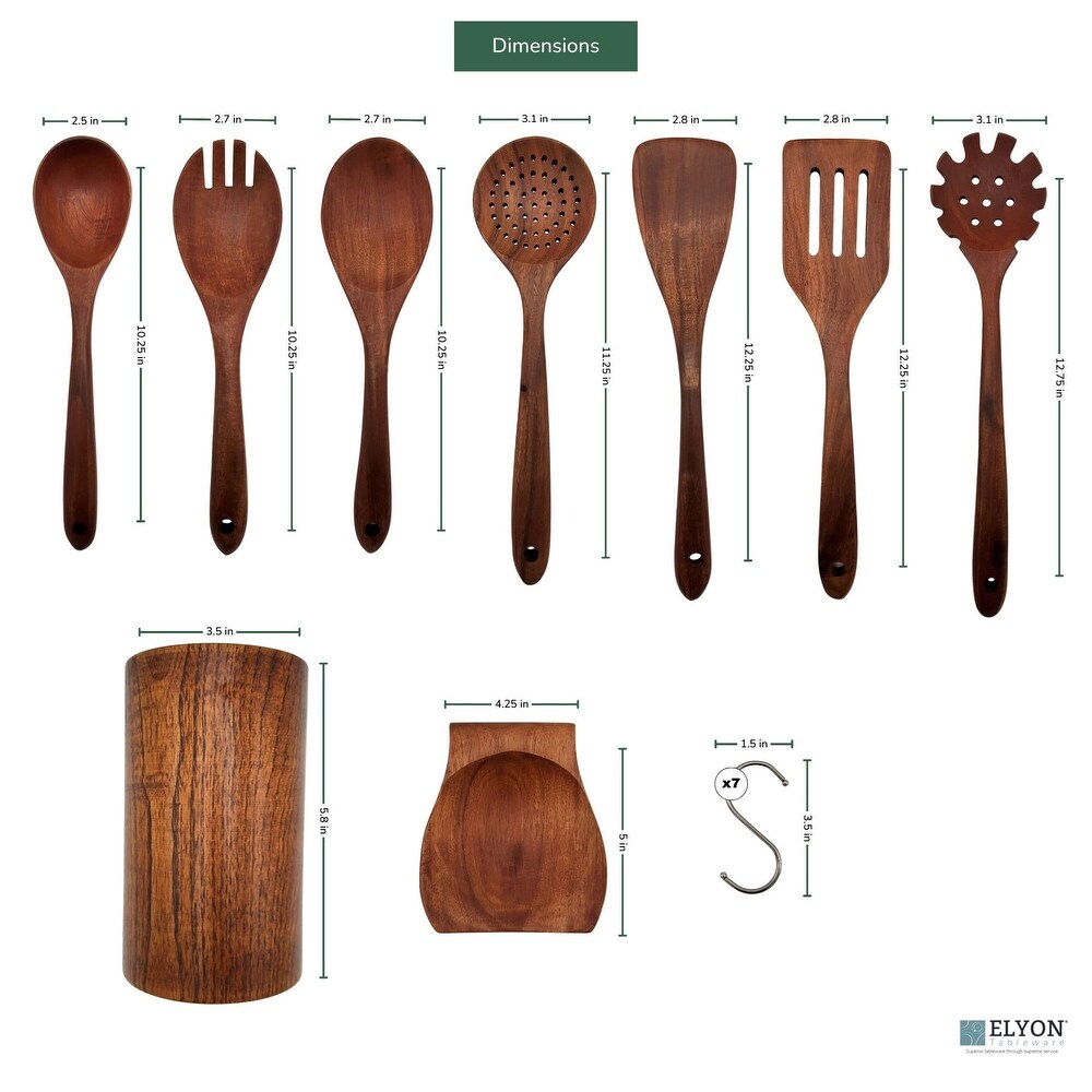 Elyon 9 Piece Teak Wood Utensil Set with Hooks