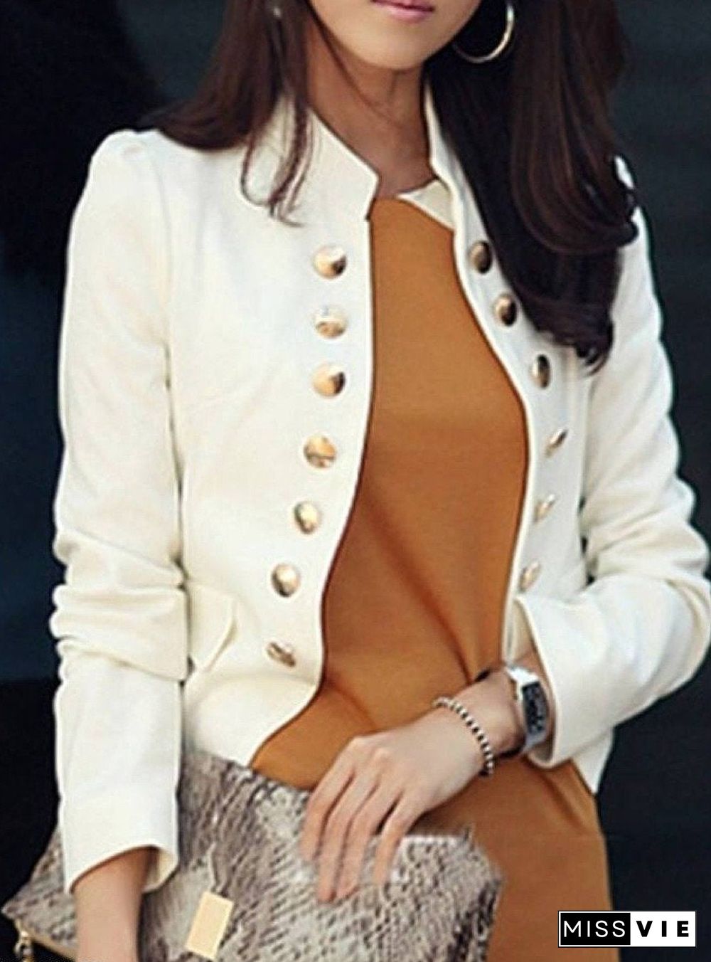 Ladylike Double Breasted Band Collar Blended Plain Blazer