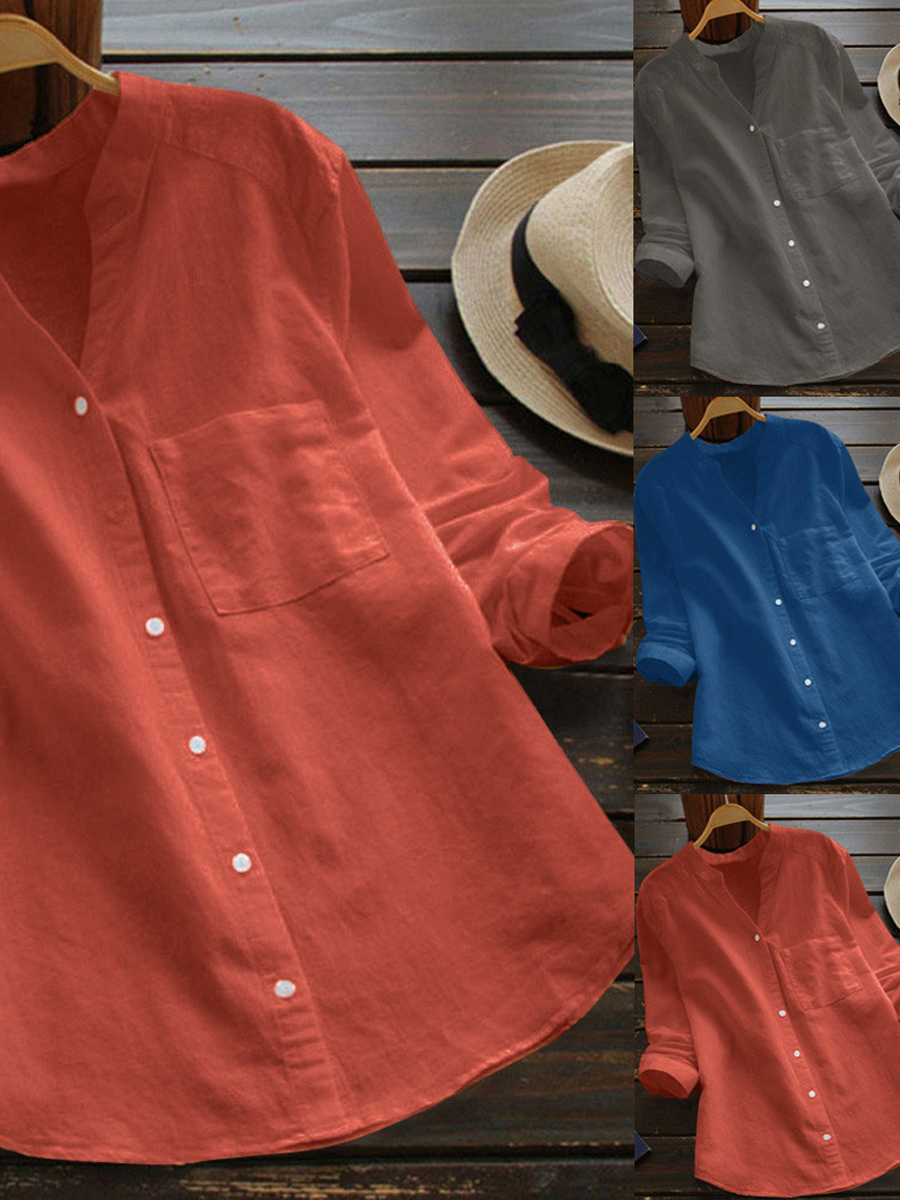 65% Off Autumn Spring V-Neck Linen Plain Shirts & Blouses