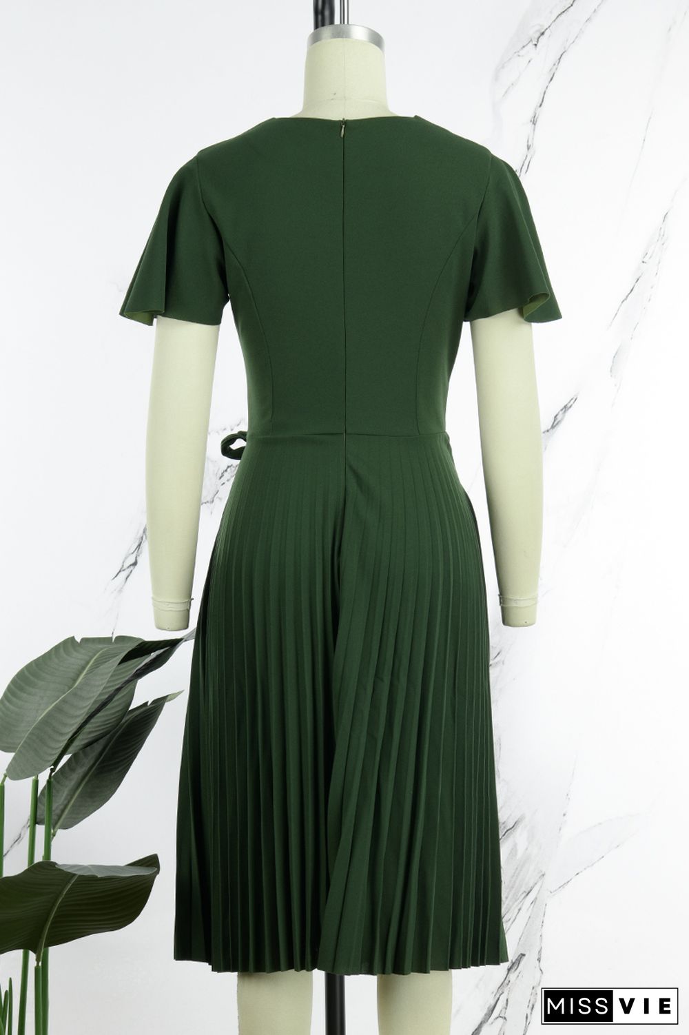 Ink Green Casual Solid Patchwork V Neck Short Sleeve Dress Dresses