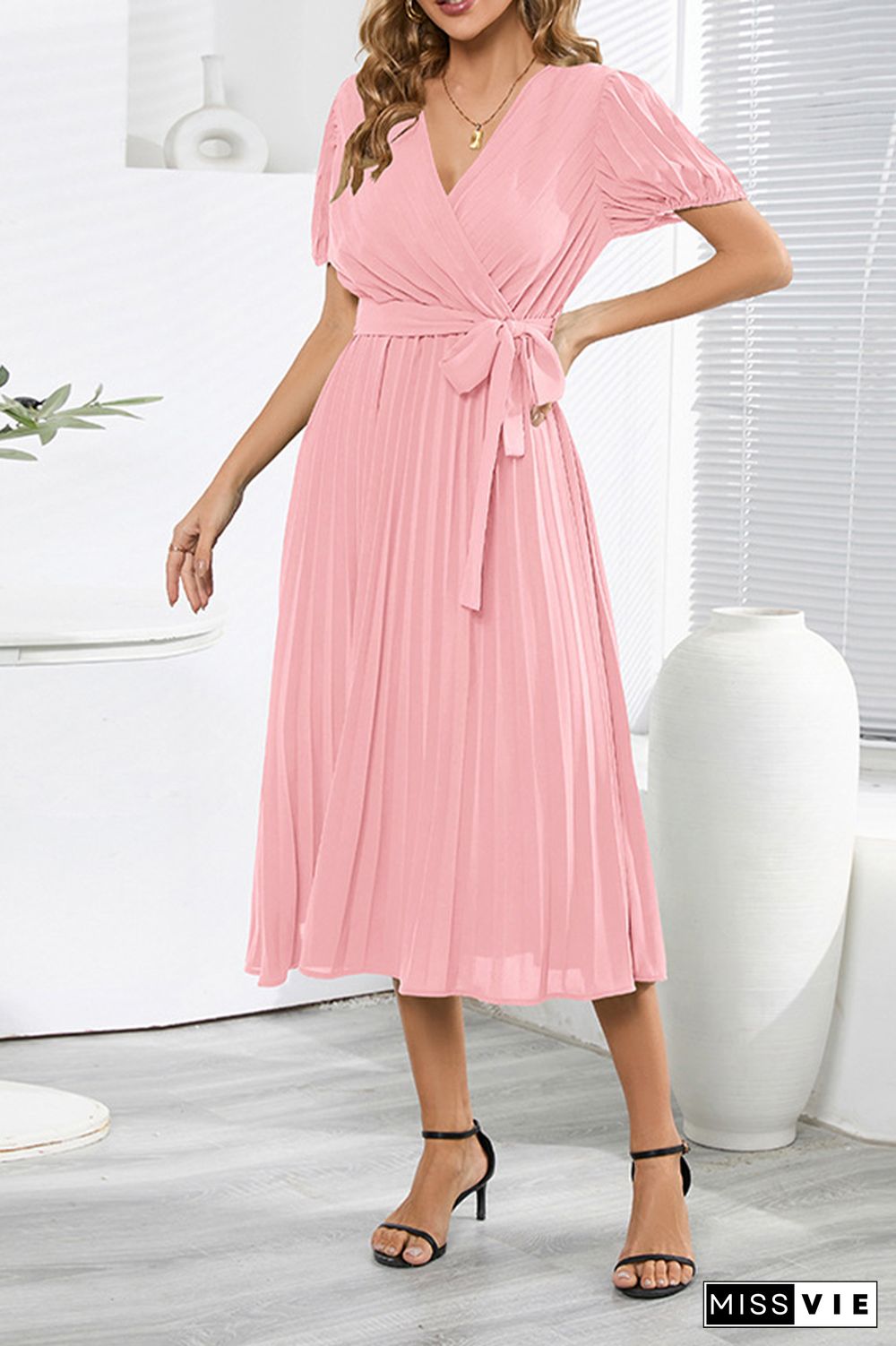 Plain Wrap V Neck Pleated Midi Dress With Sash