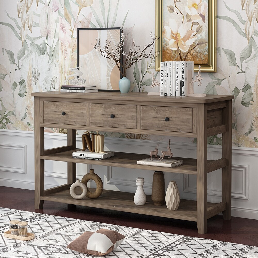 Wooden Console Table with 3 Drawers and 2 Open Storage Shelves