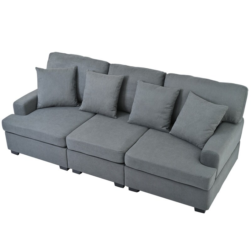 3 Seat Modern Sofa with Removable Back  Seat Cushions and 4 Comfortable Pillows  Upholstered Sofa for Living Room