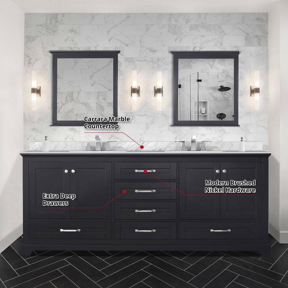 Lexora Dukes 80 in. W x 22 in. D Espresso Double Bath Vanity Carrara Marble Top and 30 in. Mirrors LD342280DGDSM30