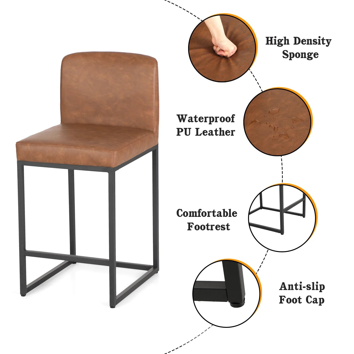 Sophia and William 24 PU Leather Counter Height Bar Stool with Backrest-Set of 2-Brown