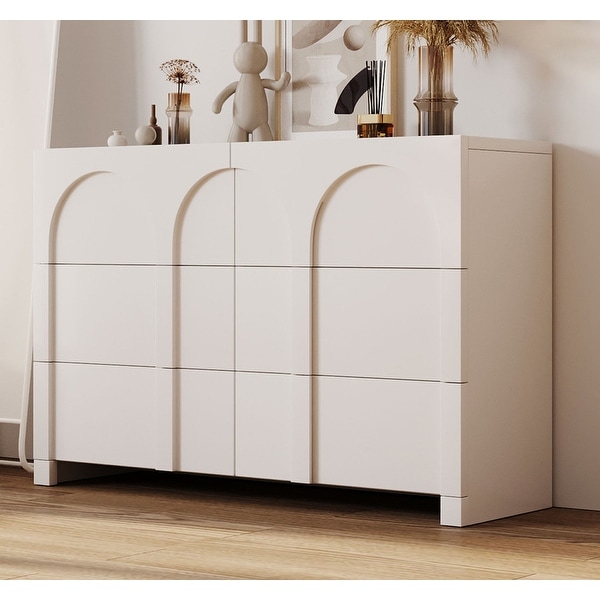 White French Style 6 Drawer Double Dresser， Rubber Wood Accent Storage Cabinet with Arch Door， Closet Chest of Drawers - - 37838436