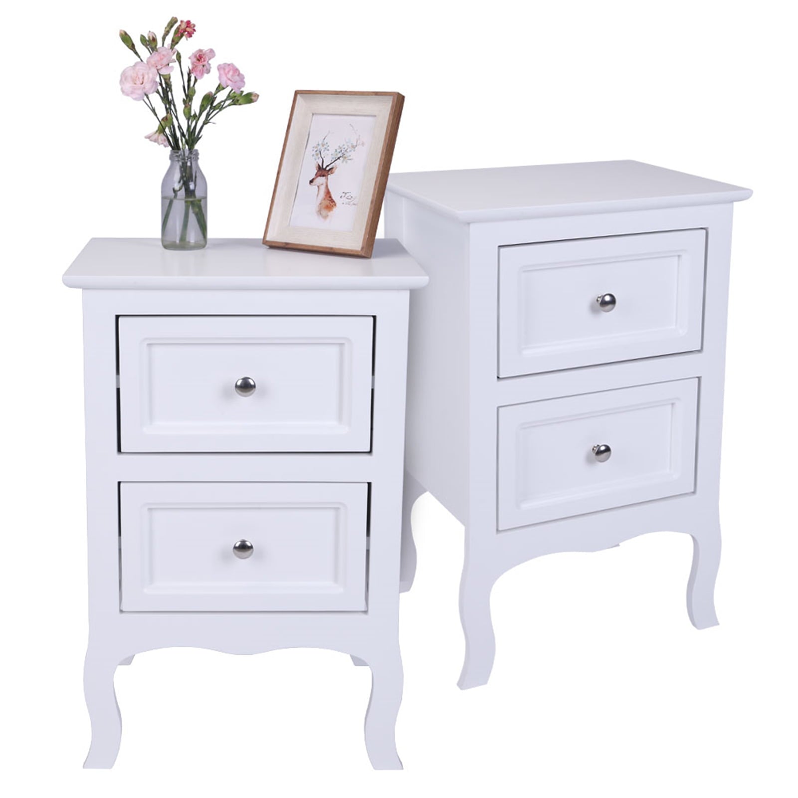 Nightstands Set of 2, Country Style End Table Nightstand Side Table with 2 Drawers, Wood Accent Table with Storage for Bedroom Living Room, White