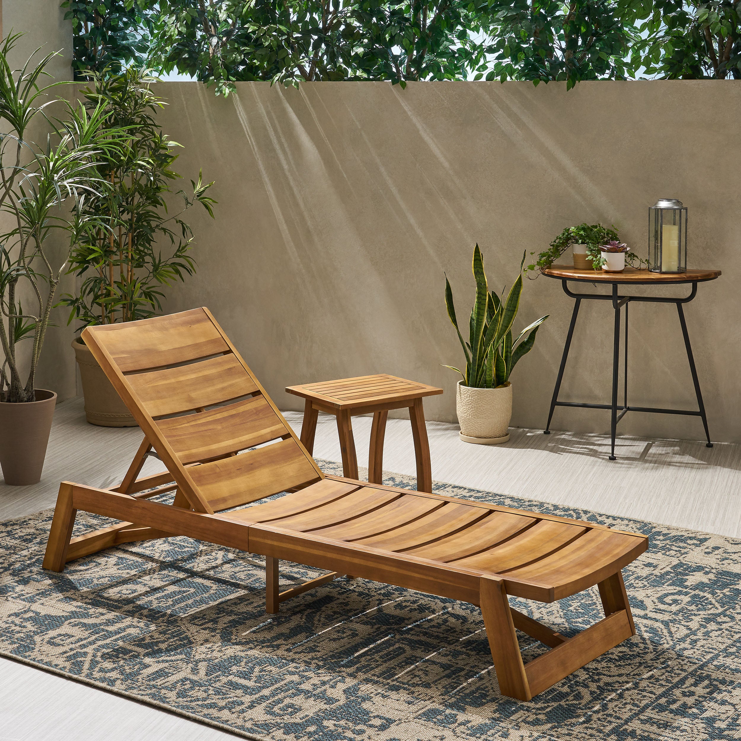 Emileigh Outdoor Acacia Wood Chaise 2 Piece Lounge