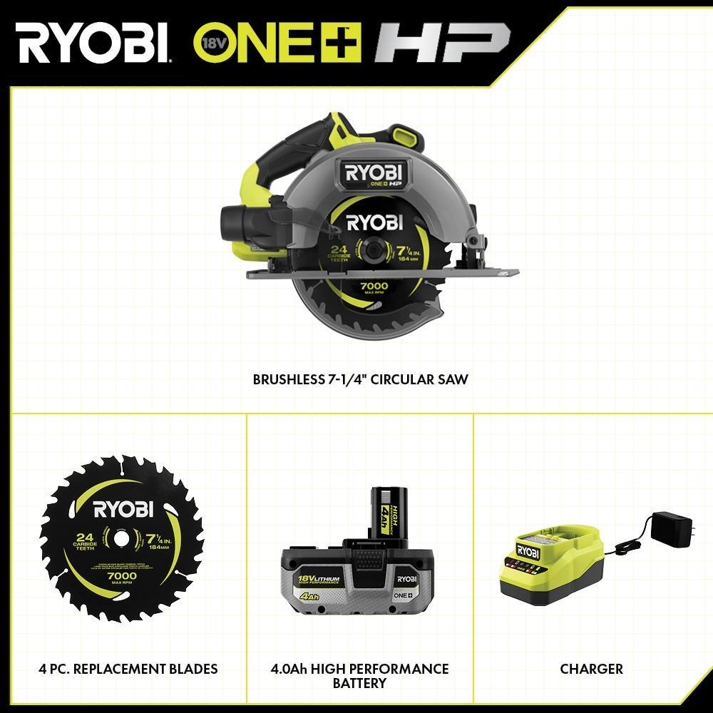 RYOBI ONE+ HP 18V Brushless Cordless 7-14 in. Circular Saw Kit with 4.0 Ah Battery Charger and (4-Piece) Replacement Blades PBLCS300K1-A067401