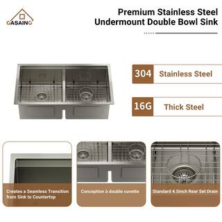 CASAINC Stainless Steel Sink 33 in. 16-Gauge Double Bowl Undermount Workstation Kitchen Sink in Brushed with Accessories CA-3319UT-BS