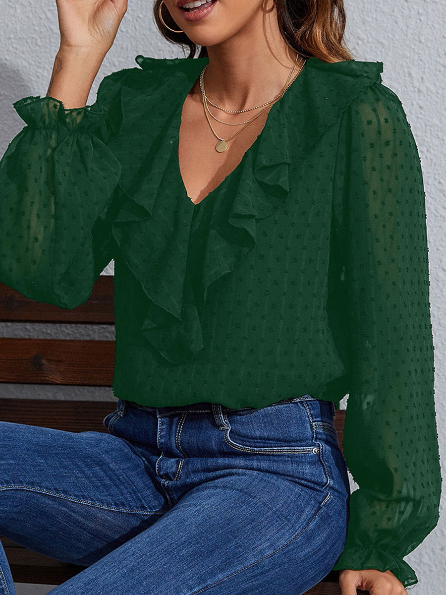 V-neck Casual Loose Jacquard Long-sleeved Blouse