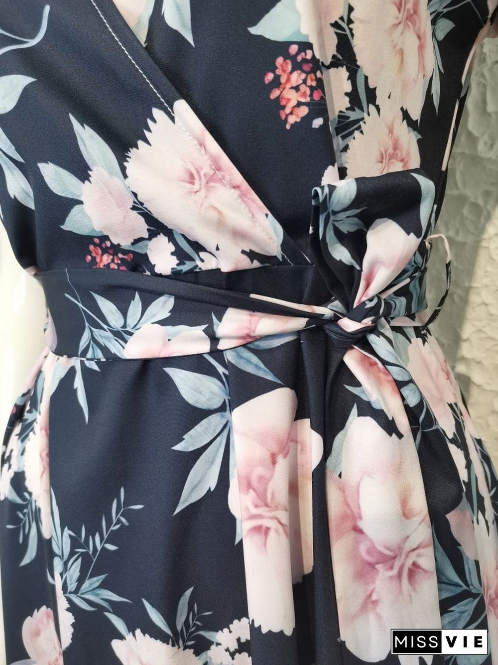 Sleeveless V Neck Tie Waist High Low Floral Maxi Dress