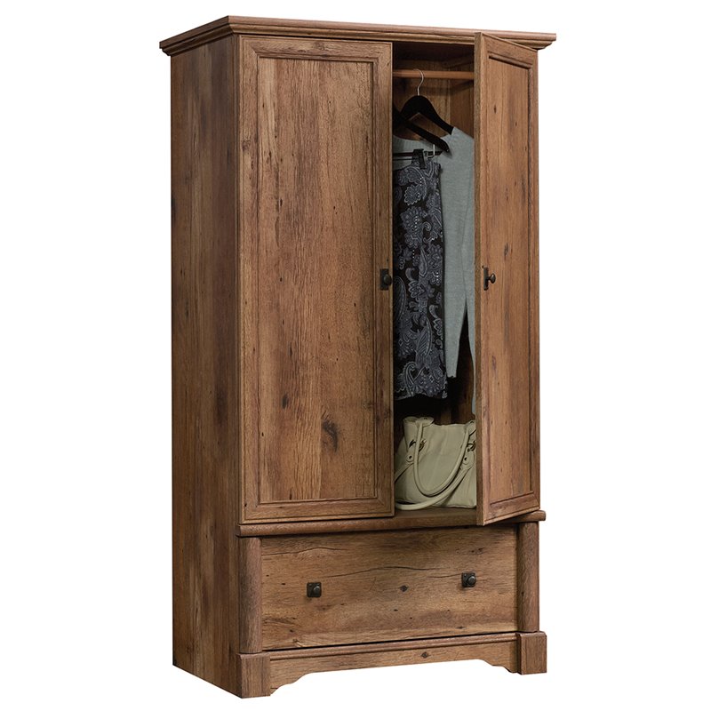 Pemberly Row Contemporary Wood Bedroom Armoire with Garment Rod in Vintage Oak