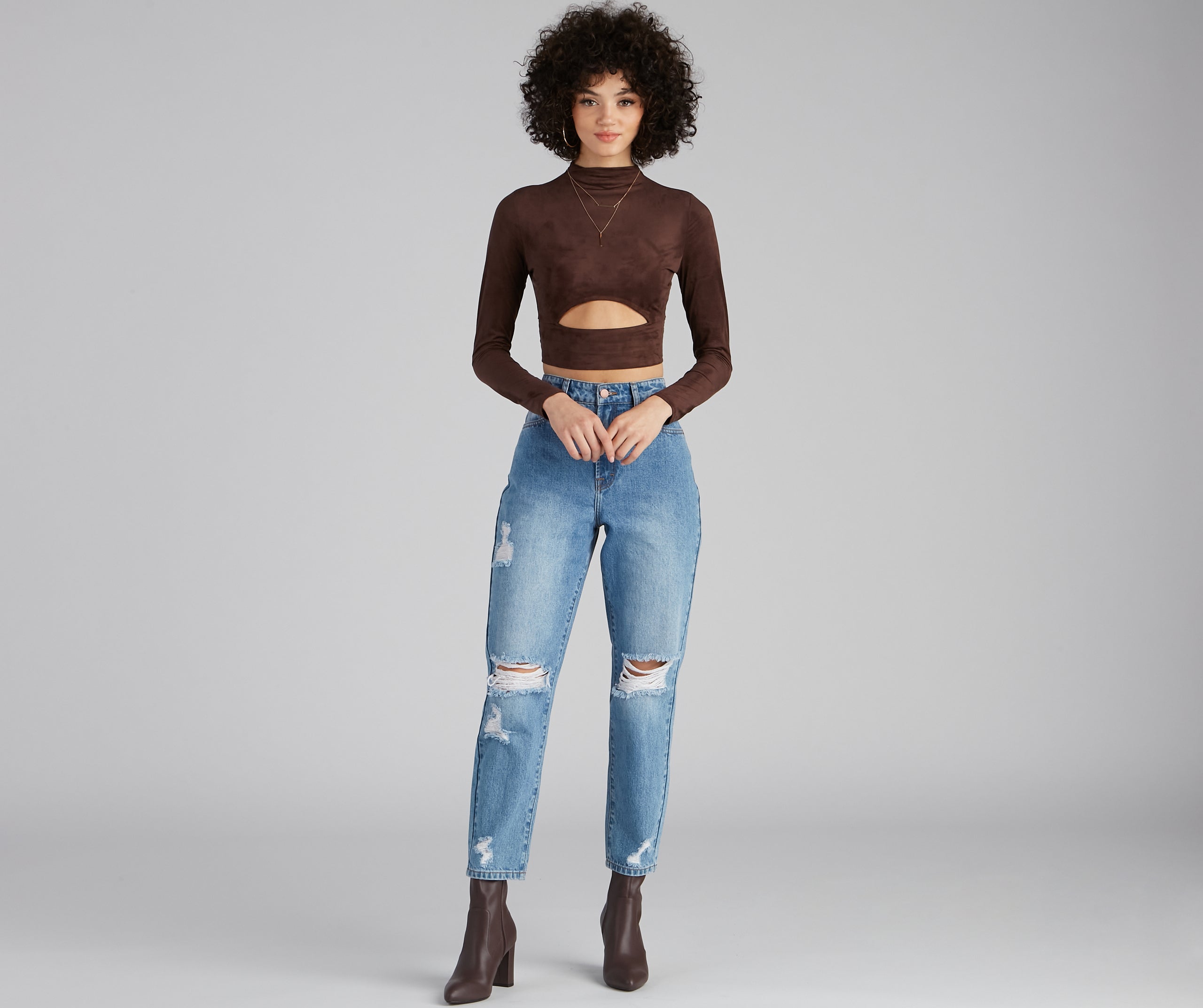 Stylish Folk Faux Suede Cutout Top