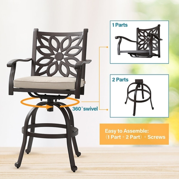 MAISON ARTS 3Piece Cast Aluminum Patio Bar Stool Set of 1 Bar Table and 2 Swivel High Bar Stools