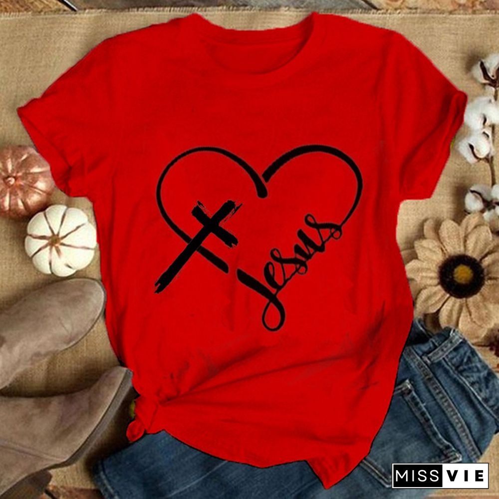 New Fashion Women T-shirts Jesus Heart Printed O-neck Short Sleeves Shirts Christian Church Shirts Religious Tops Casual Loose Tops Women Graphic Tees Blouses Plus Size