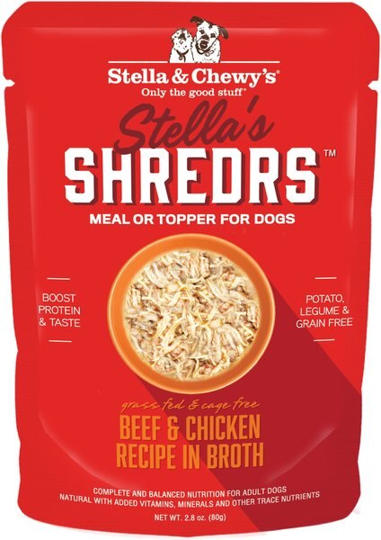 Stella and Chewy's Stella’s Shredrs Grass Fed and Cage Free Beef and Chicken Recipe in Broth Adult Wet Dog Food， 2.8-oz pouch， case of 24