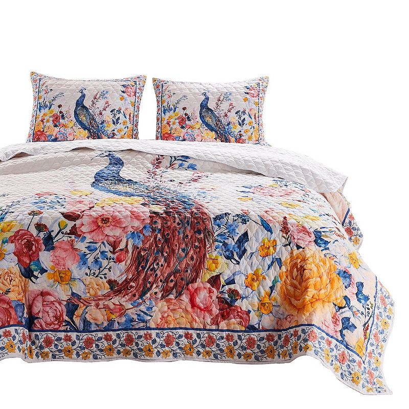 Tess Microfiber 2 Piece Twin Quilt Set， Peacock， Floral Print， Multicolor