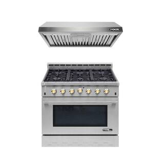 NXR Entree Bundle 36 in. 5.5 cu. ft. Pro-Style Liquid Propane Gas Range Convection Oven and Hood in Stainless Steel and Gold NK3611LPEHBD-G