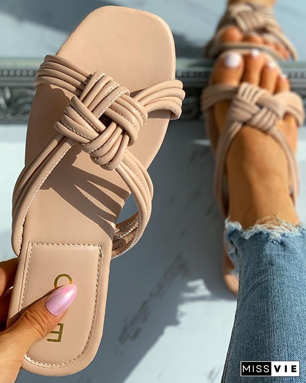 Braided Square Toe Flat Sandals