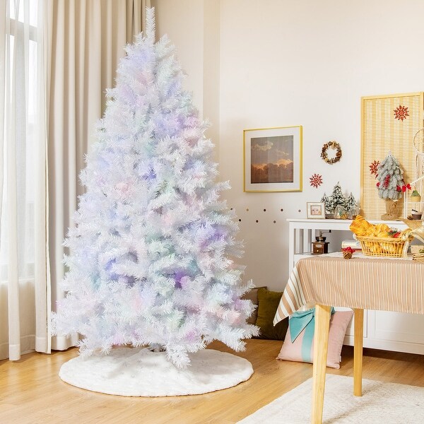 Gymax 6/7/8 FT White Artificial Christmas Tree Hinged Unlit Iridescent