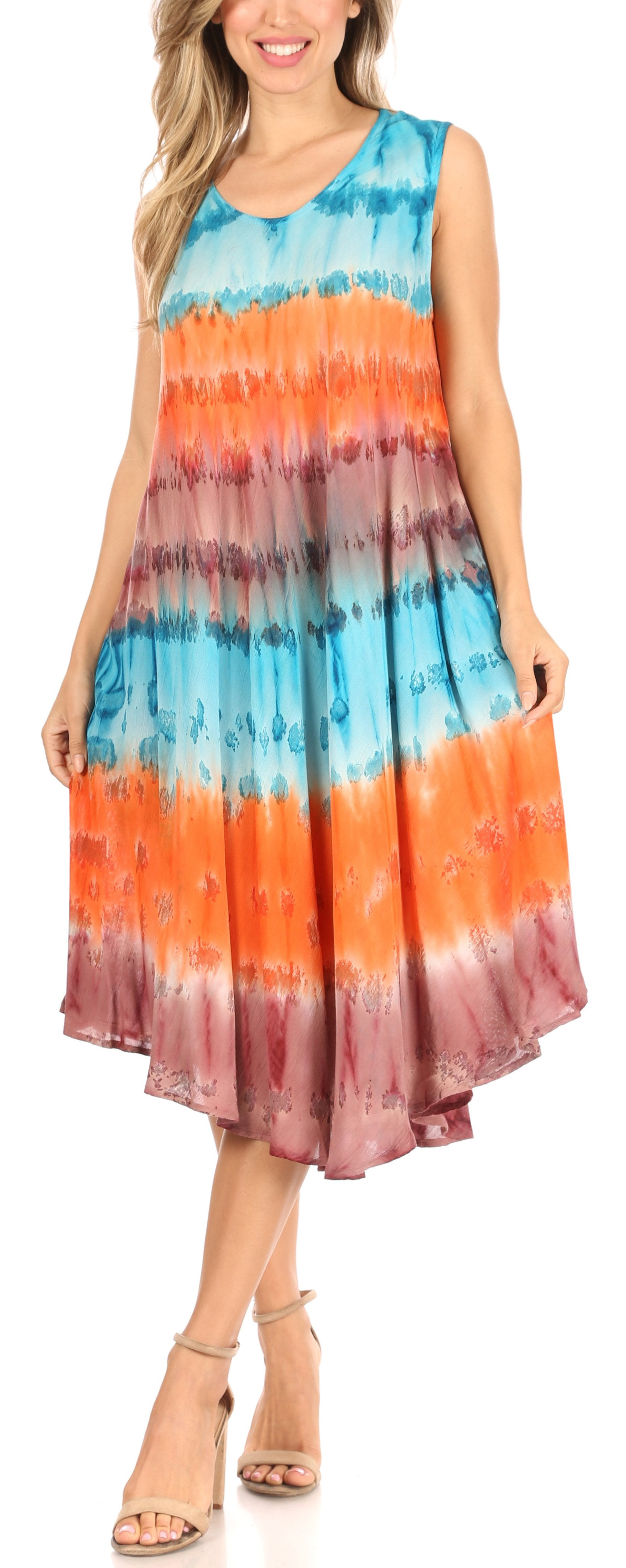 Plus Size Tie Dye Print Asymmetric Hem Sleeveless Midi Dress