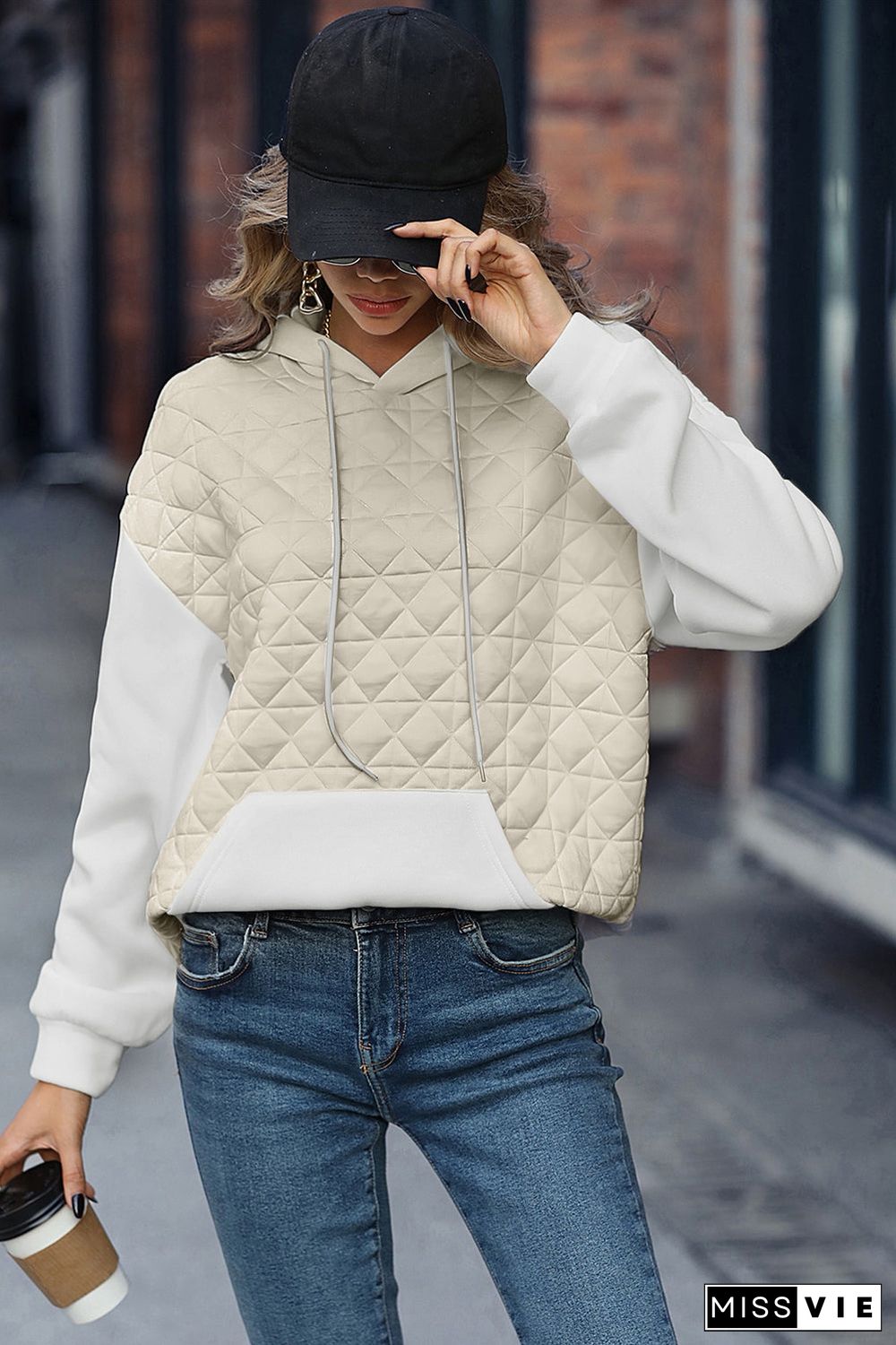 Drop Shoulder Quilted Patchwork Kangaroo Pocket Hoodie