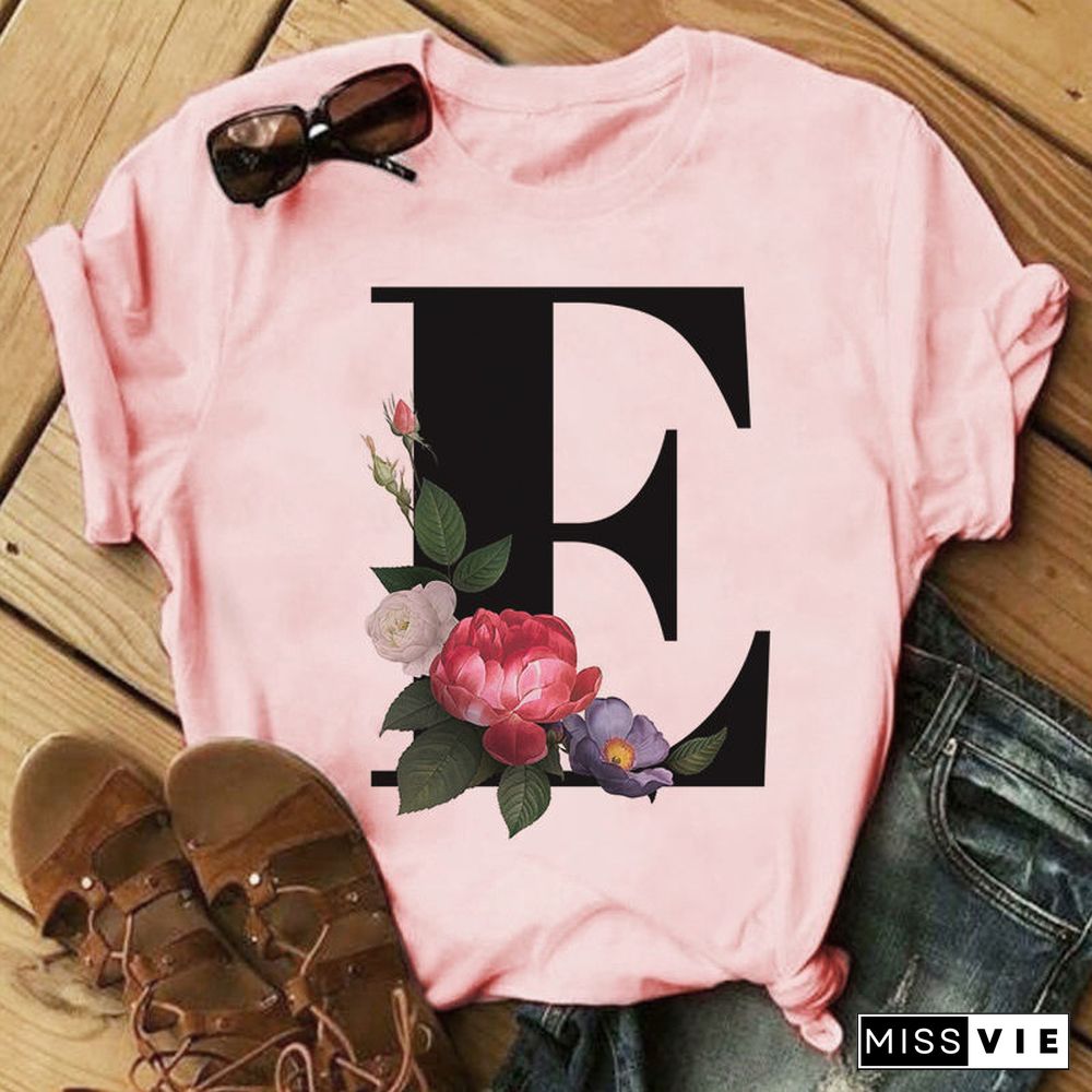 26 Letter Alphabet A-Z Women T-Shirts Fashion Breathable Flowers Short Sleeve Casual Tops Couple Basic Tee Crew Neck Clothes Top