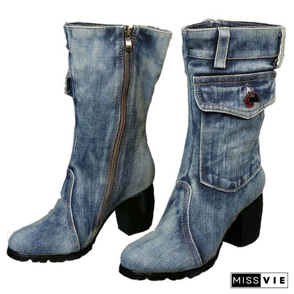 New Fashion Women's Denim Boots Chunky High Heel Mid Calf Boots Ladies Side Zipper Cowboy Boots