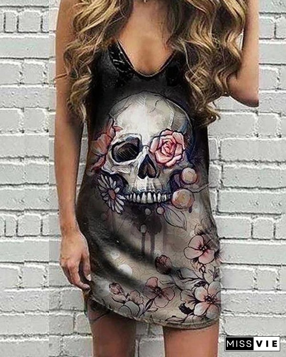 Skull Floral Print Sleeveless Casual Dress