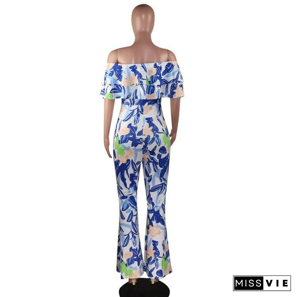 Sexy Off Shoulder Ruffles Floral Printed Wide-legs Jumpsuit