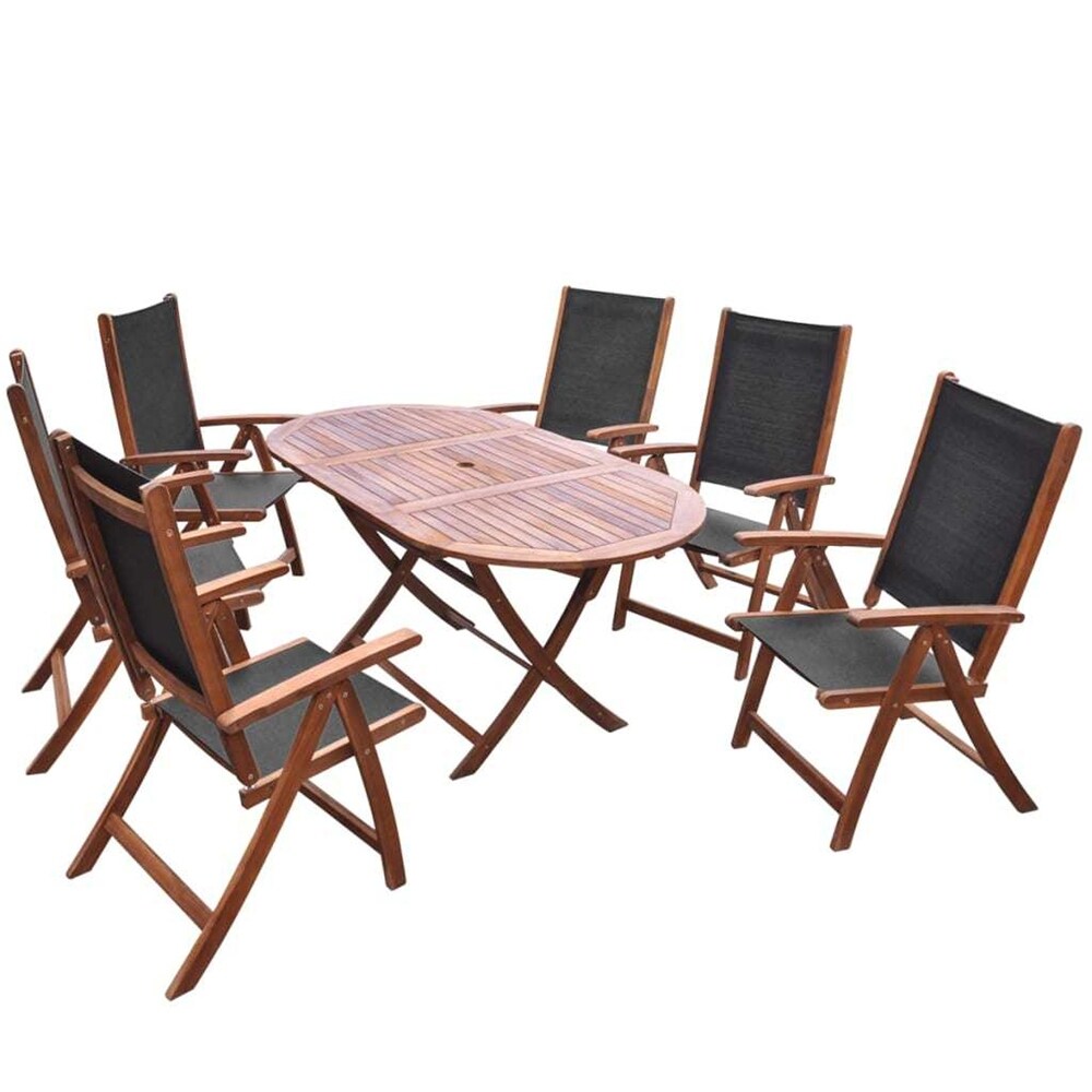 7 Pc Outdoor Dining Set  Table   6 Folding Chairs  Solid Acacia Wood