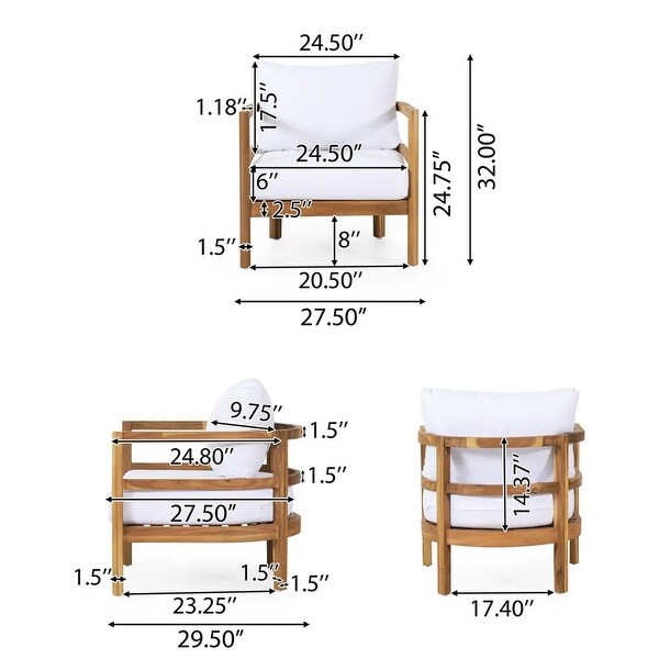 1 Piece Patio Acacia Wood Club Chair with Waterproof Thick Cushions