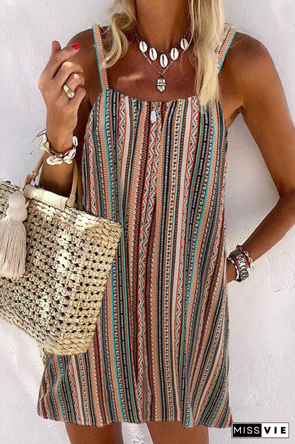 Casual Multicolor Striped Sphagetti Mini Dress