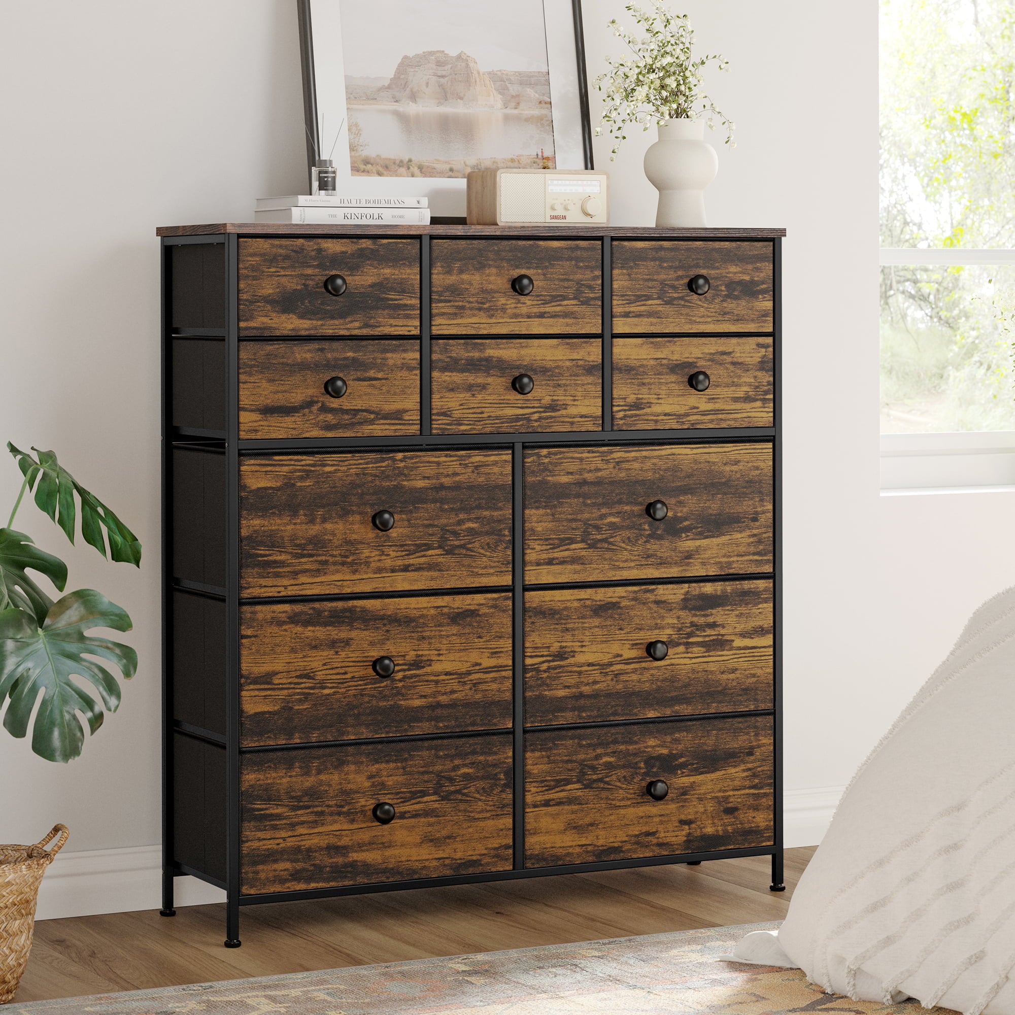 REAHOME Tall Dresser for Bedroom with 12 Drawer Vertical Dresser of Fabric Storage Units Organizer for Closet Living Room Hallway Nursery Rustic Brown