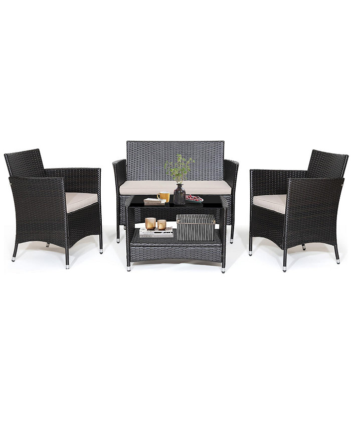 Costway 4PCS Patio Rattan Furniture Set Armrest Cushion Sofa Coffee Table withShelf Garden