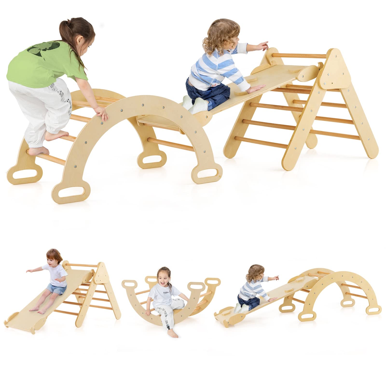 Costzon Climbing Toys for Toddlers, Montessori Wooden Arch Climber Ladder with Sliding Ramp